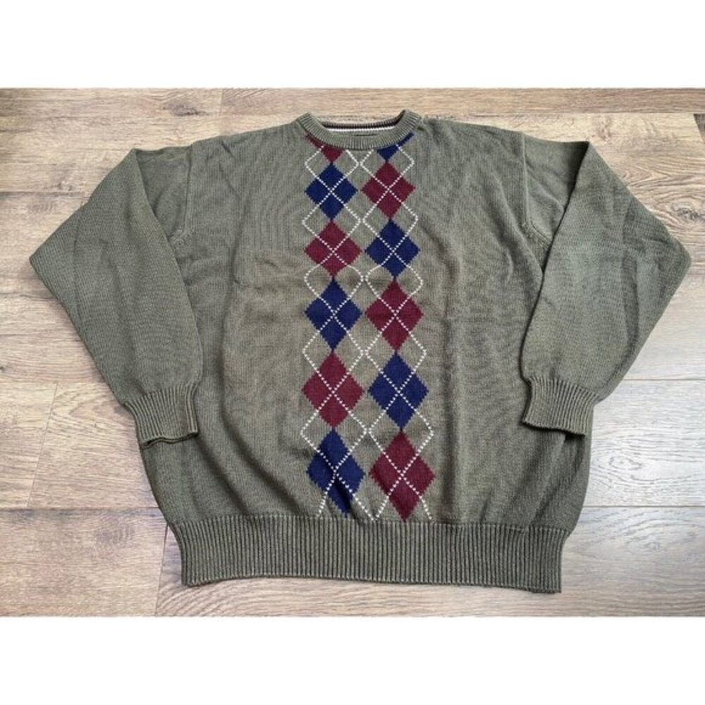 Mens Vintage Jantzen Knitted Diamond Crewneck Sweater 100% Cotton Grandpa Size L